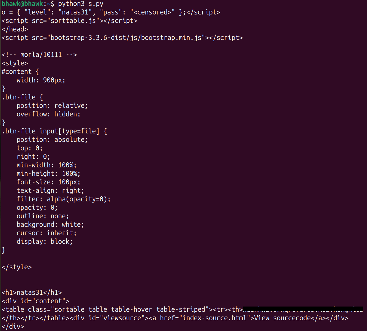 The natas32 password rendered into the table header