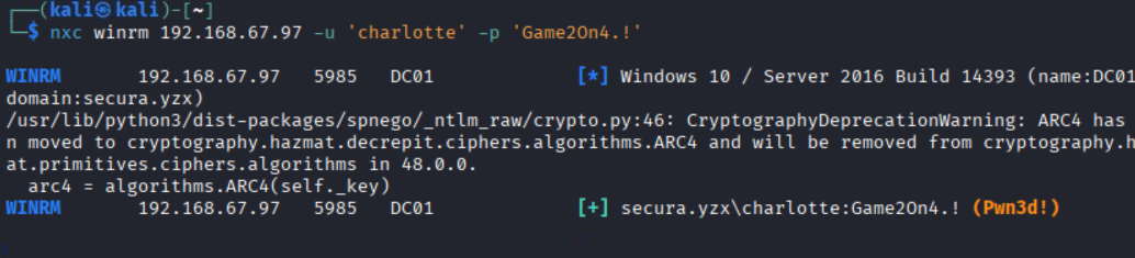 NetExec confirming Pwn3d! against the domain controller over WinRM