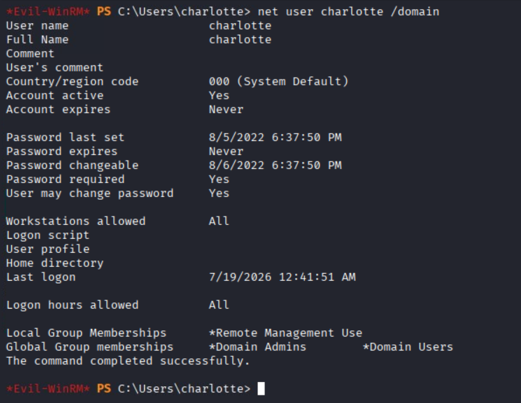 Confirming charlotte is now a member of Domain Admins