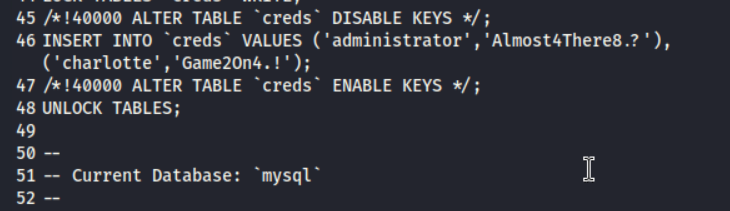 Extracting credentials for Administrator and charlotte from the database dump